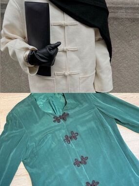 VTG. 100% Silk Green Jacket Mandarin Buttons Padded Shoulders Oversized Lined